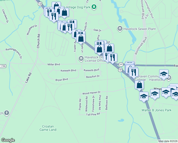 map of restaurants, bars, coffee shops, grocery stores, and more near 112 Beaufort Drive in Havelock