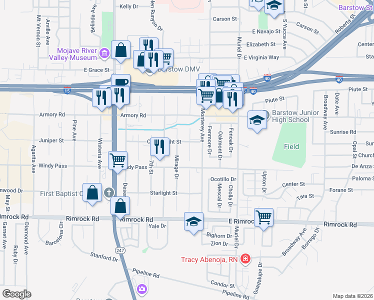 map of restaurants, bars, coffee shops, grocery stores, and more near 1120 Tecate Drive in Barstow