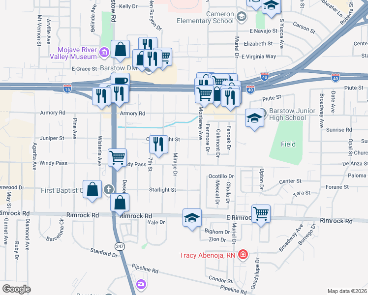 map of restaurants, bars, coffee shops, grocery stores, and more near 1120 Tecate Drive in Barstow