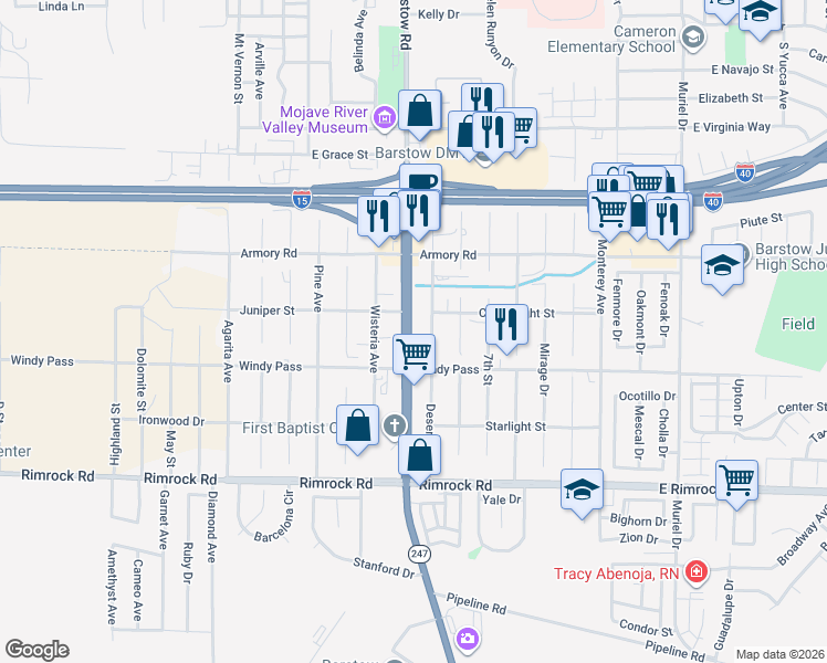 map of restaurants, bars, coffee shops, grocery stores, and more near 1131 Barstow Road in Barstow
