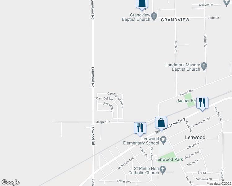 map of restaurants, bars, coffee shops, grocery stores, and more near 34622 Paseo Del Valle in Barstow
