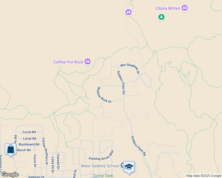 map of restaurants, bars, coffee shops, grocery stores, and more near 160 Shadow Rock Drive in Sedona