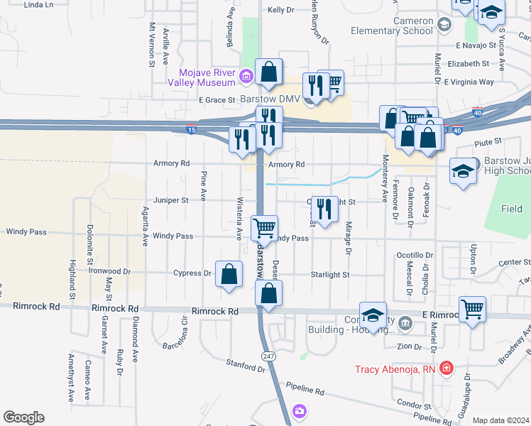 map of restaurants, bars, coffee shops, grocery stores, and more near 1161 Barstow Road in Barstow