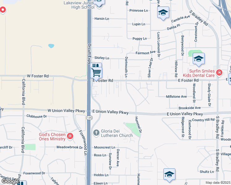 map of restaurants, bars, coffee shops, grocery stores, and more near 4176 Odie Lane in Santa Maria