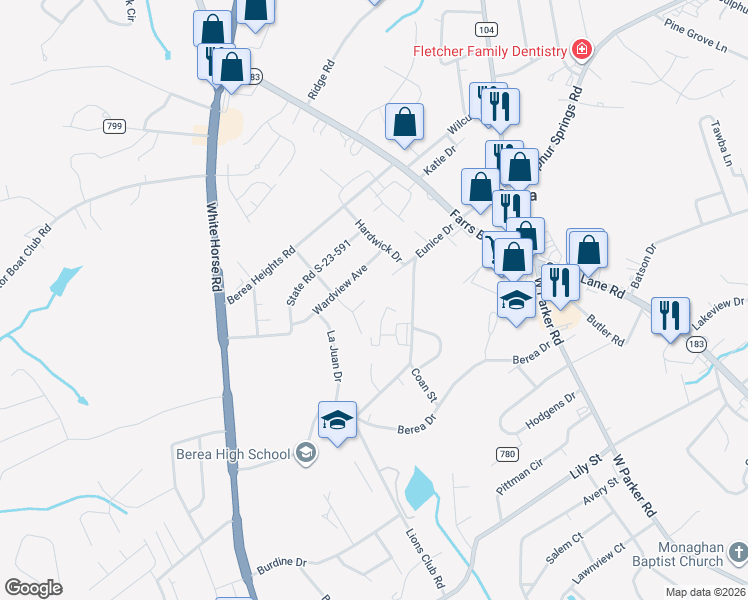 map of restaurants, bars, coffee shops, grocery stores, and more near 115 Starburst Lane in Greenville
