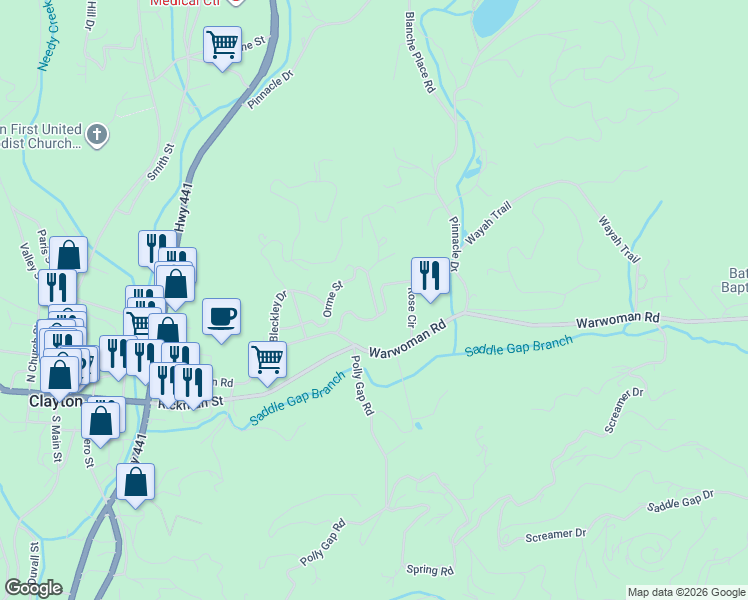map of restaurants, bars, coffee shops, grocery stores, and more near 44-398 Rose Circle in Clayton