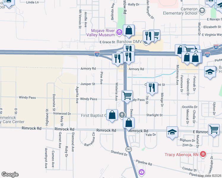 map of restaurants, bars, coffee shops, grocery stores, and more near 1121 Lotebush Lane in Barstow