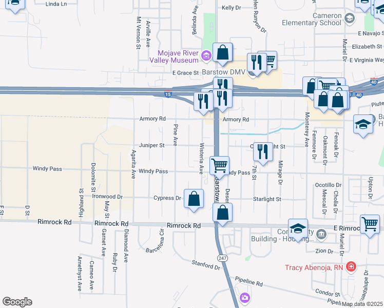 map of restaurants, bars, coffee shops, grocery stores, and more near 1121 Lotebush Lane in Barstow