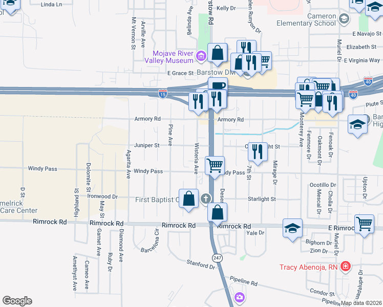 map of restaurants, bars, coffee shops, grocery stores, and more near 1120 Wisteria Avenue in Barstow