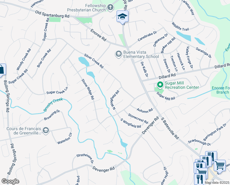 map of restaurants, bars, coffee shops, grocery stores, and more near 318 Silver Creek Road in Greer