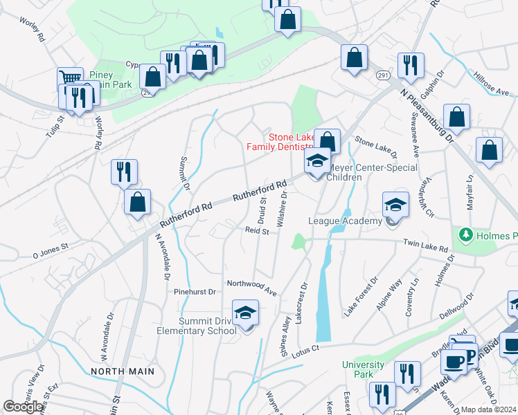 map of restaurants, bars, coffee shops, grocery stores, and more near 14 Druid Street in Greenville
