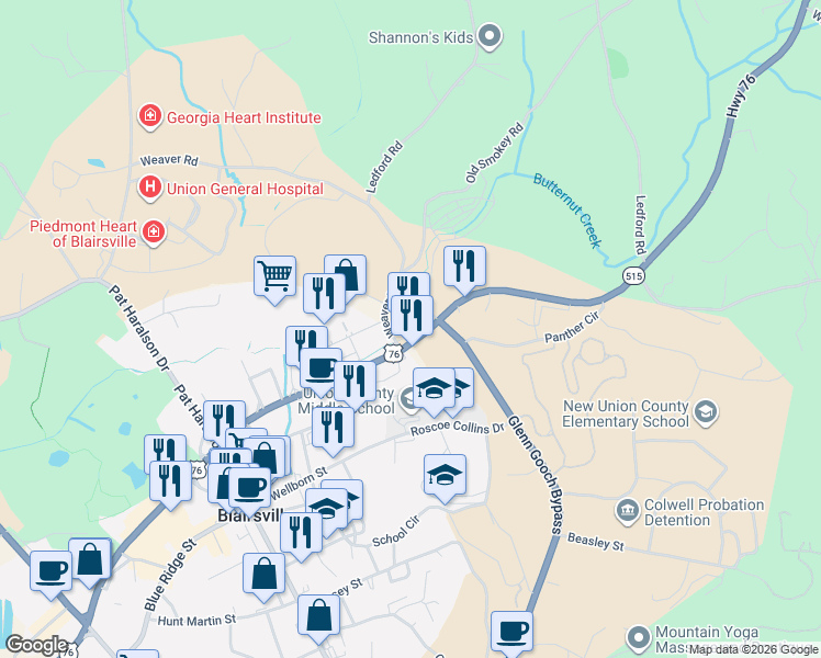 map of restaurants, bars, coffee shops, grocery stores, and more near 373 Kousins Drive in Blairsville