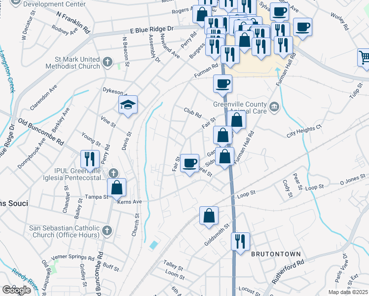 map of restaurants, bars, coffee shops, grocery stores, and more near 401 Fair Street in Greenville