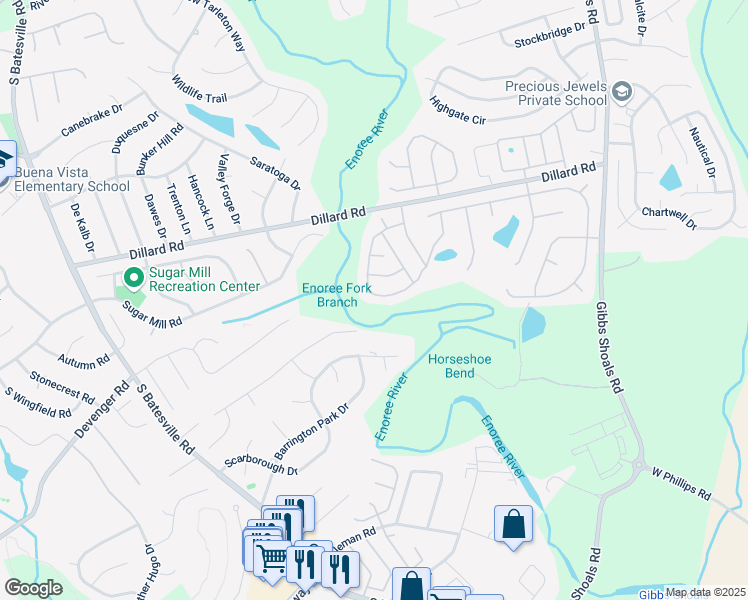 map of restaurants, bars, coffee shops, grocery stores, and more near 310 Hillsdale Drive in Greer