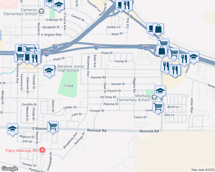 map of restaurants, bars, coffee shops, grocery stores, and more near 1604 Sunset Street in Barstow