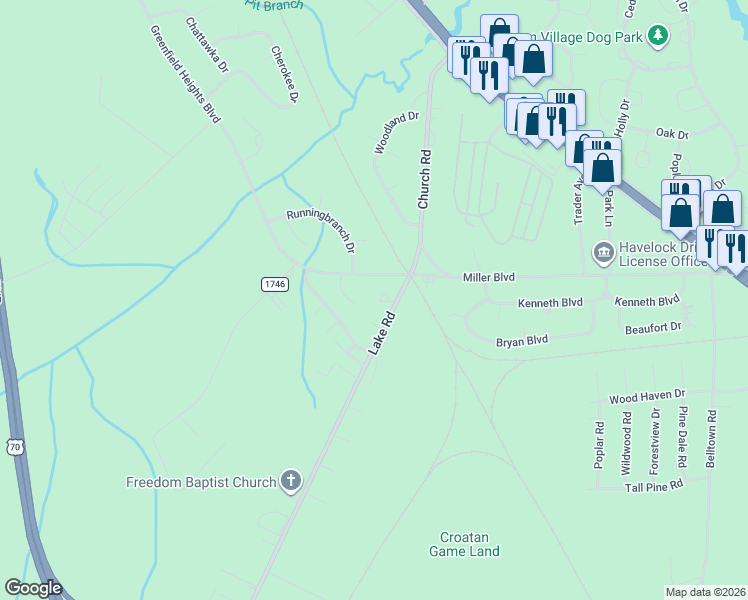 map of restaurants, bars, coffee shops, grocery stores, and more near 15 Palomino Court in Havelock