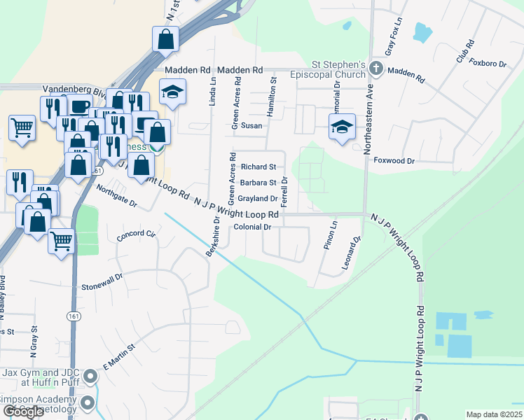 map of restaurants, bars, coffee shops, grocery stores, and more near 1024 North J P Wright Loop Road in Jacksonville