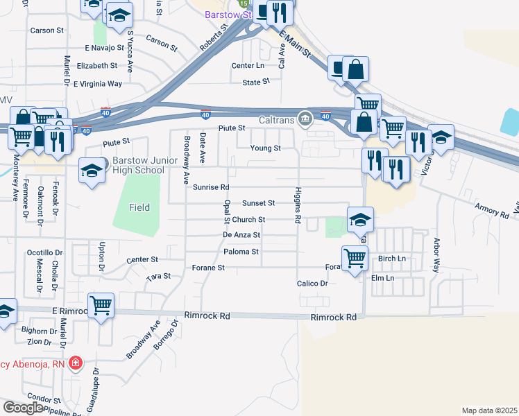 map of restaurants, bars, coffee shops, grocery stores, and more near 1640 Sunset Street in Barstow