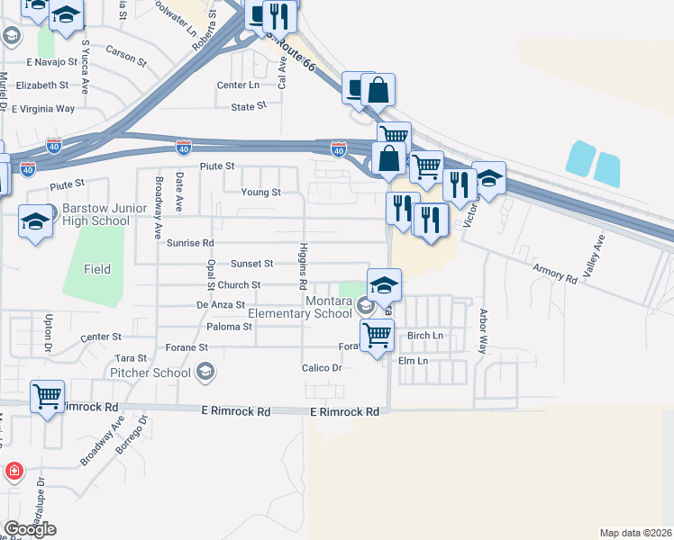 map of restaurants, bars, coffee shops, grocery stores, and more near 1821 Sunset Street in Barstow