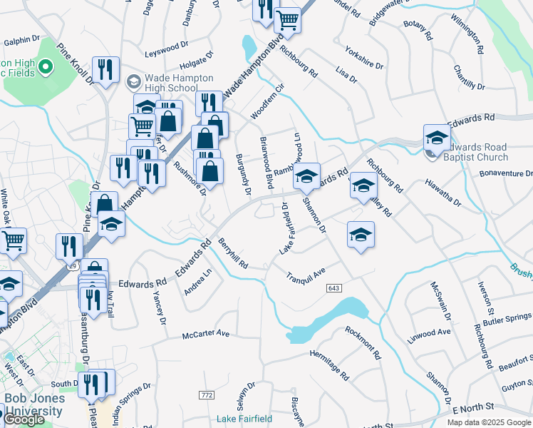 map of restaurants, bars, coffee shops, grocery stores, and more near 702 Edwards Road in Greenville