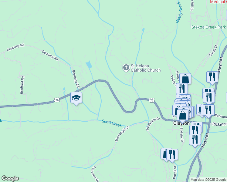 map of restaurants, bars, coffee shops, grocery stores, and more near 1056 U.S. 76 in Clayton