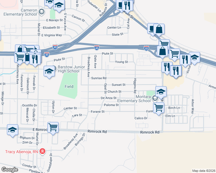 map of restaurants, bars, coffee shops, grocery stores, and more near 1604 Sunset Street in Barstow