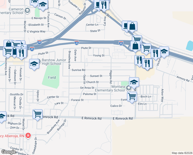 map of restaurants, bars, coffee shops, grocery stores, and more near 1640 Sunset Street in Barstow