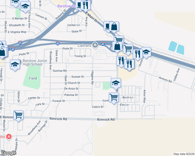 map of restaurants, bars, coffee shops, grocery stores, and more near 1816 Sunset Street in Barstow