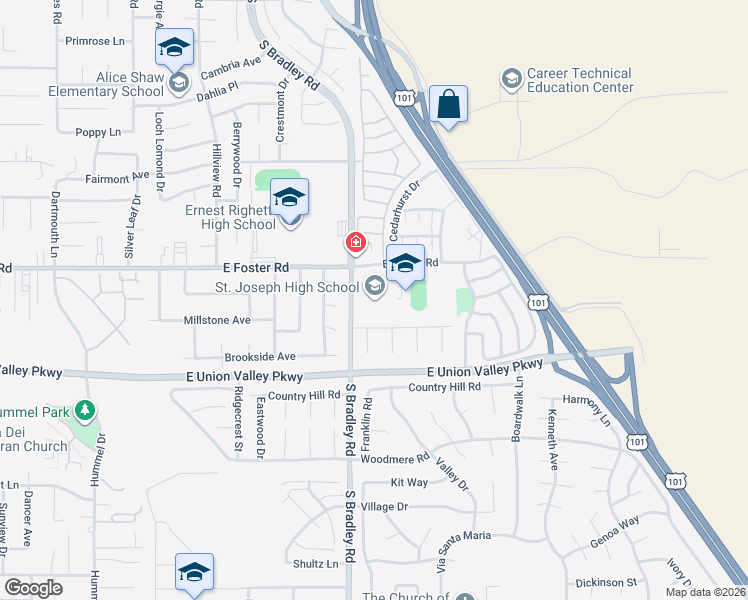 map of restaurants, bars, coffee shops, grocery stores, and more near 4120 South Bradley Road in Santa Maria