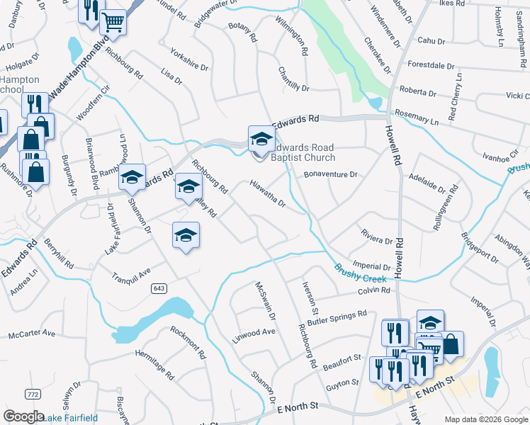 map of restaurants, bars, coffee shops, grocery stores, and more near 29 Hiawatha Drive in Greenville