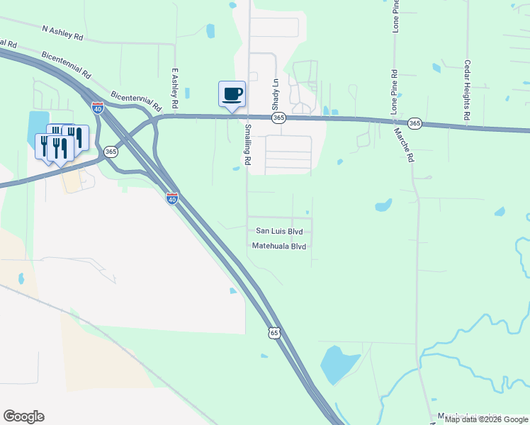 map of restaurants, bars, coffee shops, grocery stores, and more near 6305 Lorne Lane in North Little Rock