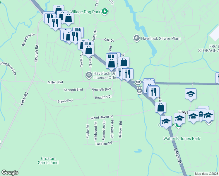 map of restaurants, bars, coffee shops, grocery stores, and more near 201 Miller Boulevard in Havelock
