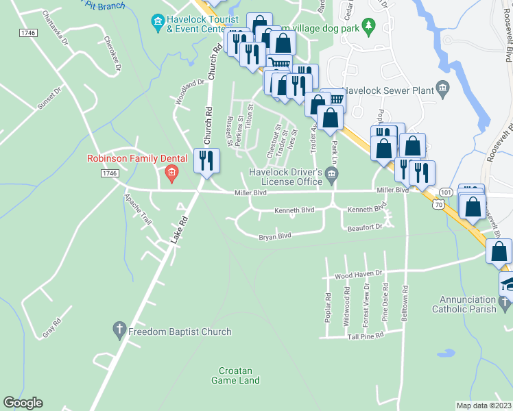 map of restaurants, bars, coffee shops, grocery stores, and more near 236 Kenneth Boulevard in Havelock