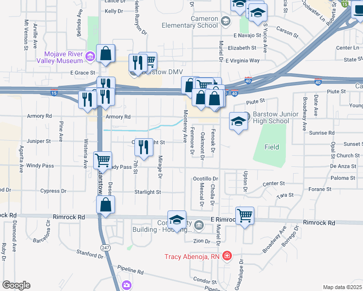 map of restaurants, bars, coffee shops, grocery stores, and more near 830 Candlelight Street in Barstow