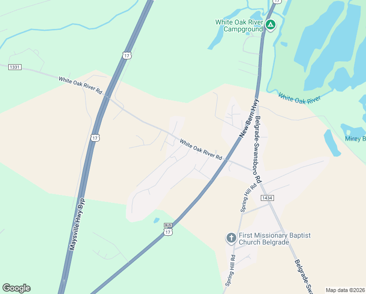 map of restaurants, bars, coffee shops, grocery stores, and more near 1141 White Oak River Road in Maysville