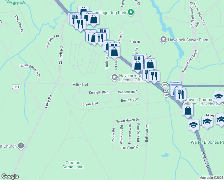 map of restaurants, bars, coffee shops, grocery stores, and more near 223 Miller Boulevard in Havelock