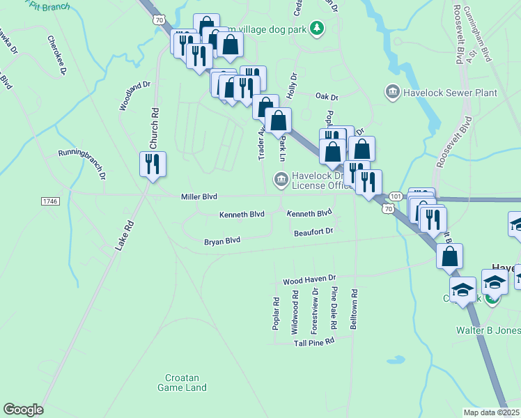 map of restaurants, bars, coffee shops, grocery stores, and more near 208 Kenneth Boulevard in Havelock