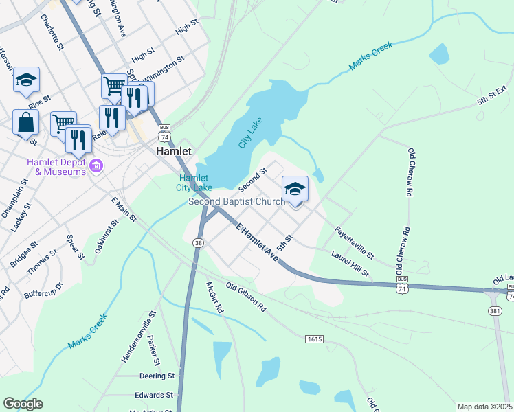 map of restaurants, bars, coffee shops, grocery stores, and more near 404 3rd St in Hamlet