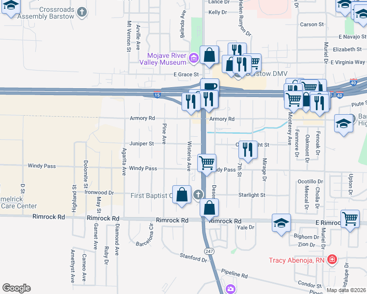 map of restaurants, bars, coffee shops, grocery stores, and more near 1110 Wisteria Avenue in Barstow
