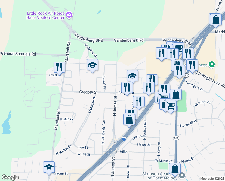map of restaurants, bars, coffee shops, grocery stores, and more near 1720 North James Street in Jacksonville