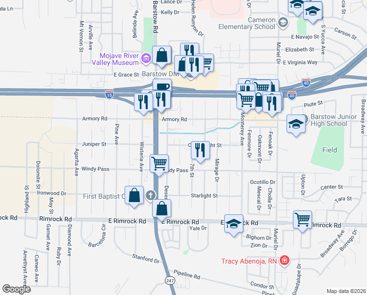 map of restaurants, bars, coffee shops, grocery stores, and more near 581 Candlelight Street in Barstow