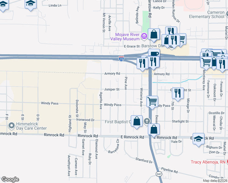 map of restaurants, bars, coffee shops, grocery stores, and more near 301 Juniper Street in Barstow