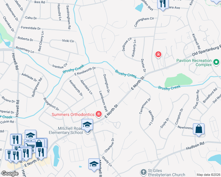 map of restaurants, bars, coffee shops, grocery stores, and more near 223 Donington Drive in Greenville