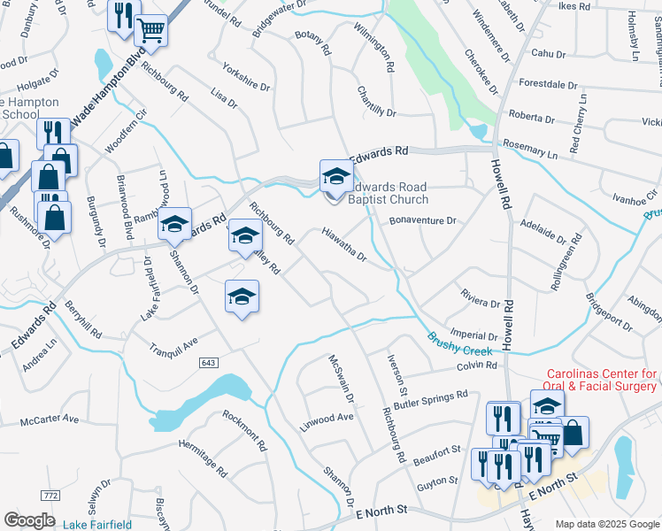 map of restaurants, bars, coffee shops, grocery stores, and more near 29 Hiawatha Drive in Greenville