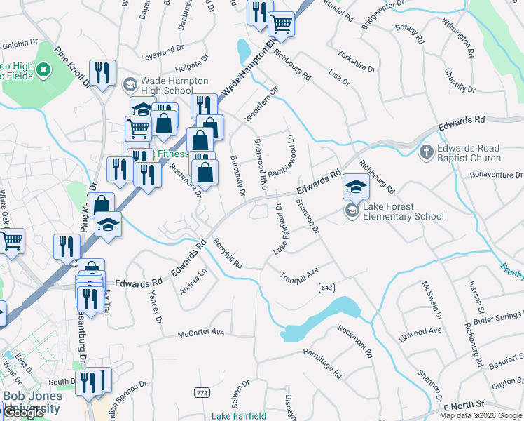 map of restaurants, bars, coffee shops, grocery stores, and more near 702 Edwards Road in Greenville