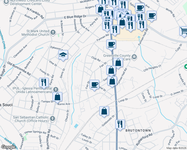 map of restaurants, bars, coffee shops, grocery stores, and more near 215 Fair Street in Greenville