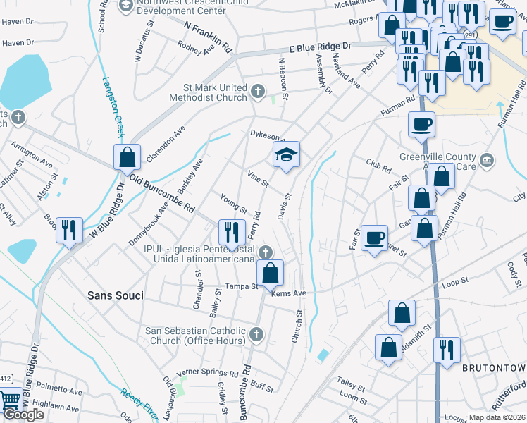 map of restaurants, bars, coffee shops, grocery stores, and more near 110 Perry Road in Greenville