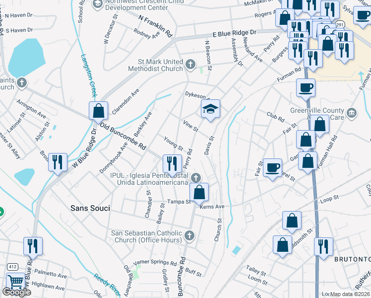 map of restaurants, bars, coffee shops, grocery stores, and more near 204 Brockman Avenue in Greenville