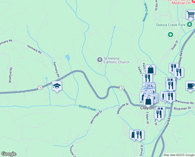 map of restaurants, bars, coffee shops, grocery stores, and more near 56 Meadow Stream Lane in Clayton