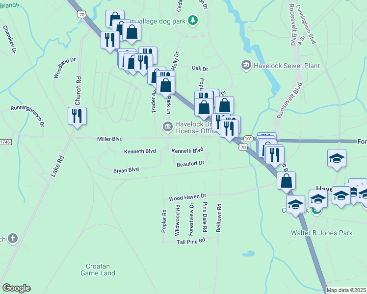 map of restaurants, bars, coffee shops, grocery stores, and more near 213 Miller Boulevard in Havelock